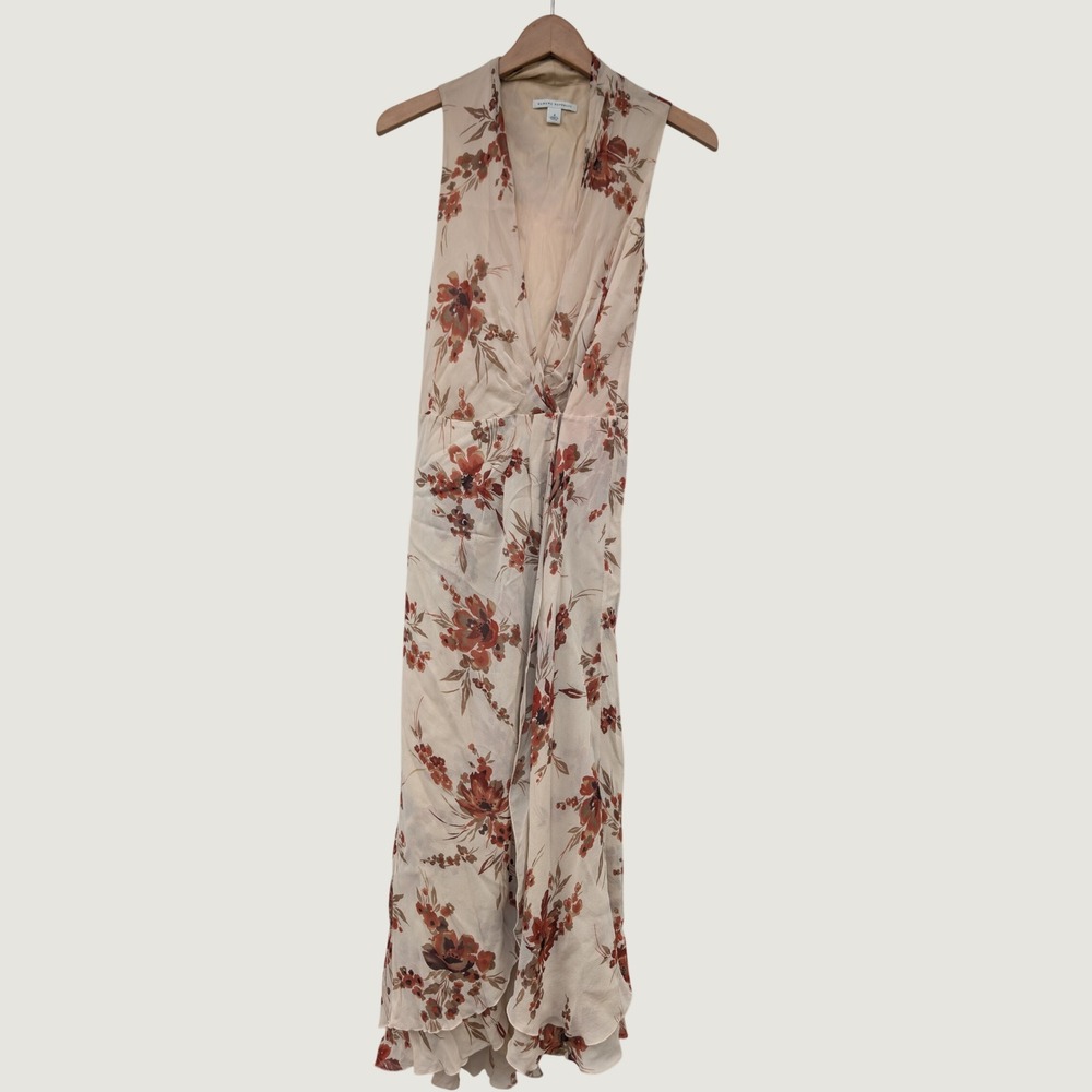 Banana Republic Floral Midi Dress Womens 4 Beige Silk Vintage 2005 Y2K